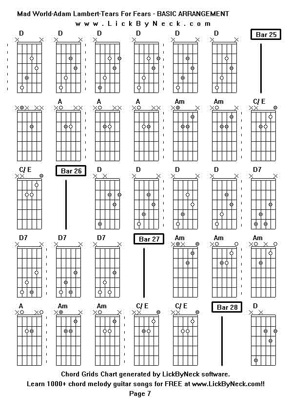 Chord Grids Chart of chord melody fingerstyle guitar song-Mad World-Adam Lambert-Tears For Fears - BASIC ARRANGEMENT,generated by LickByNeck software.